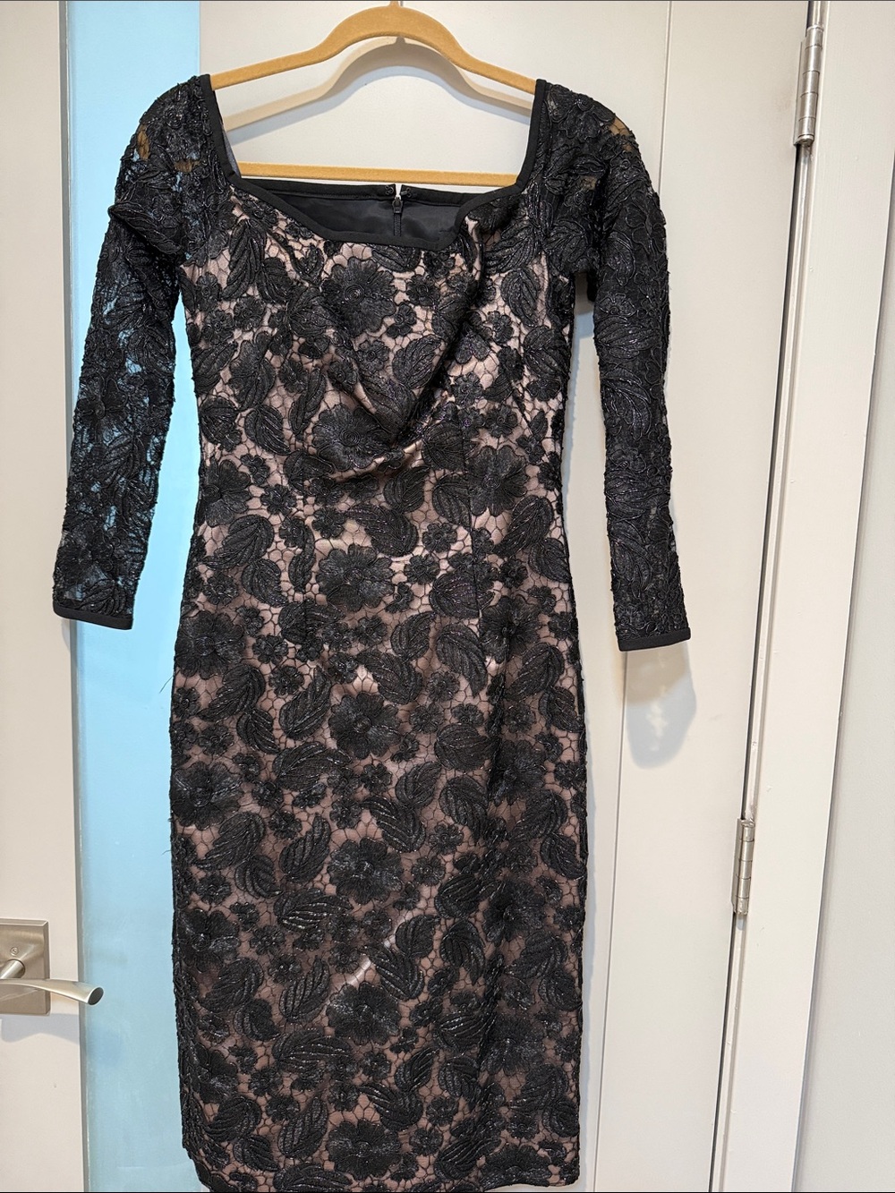 Black Lace Overlay Sheath Dress with Nude Lining